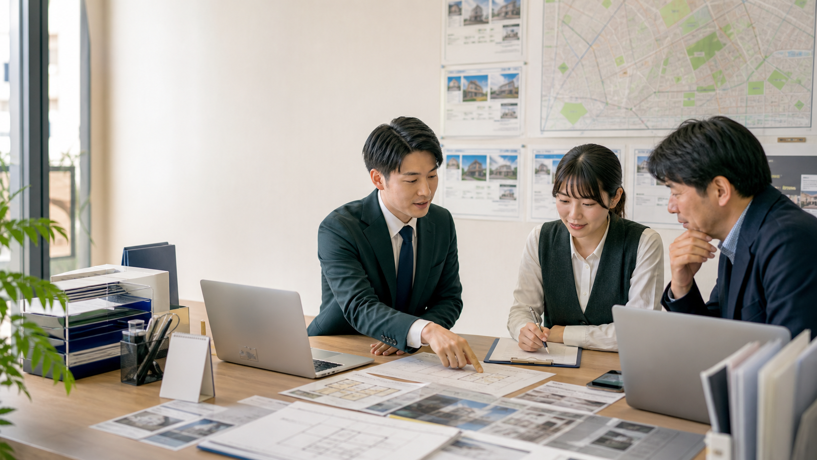 不動産会社の店舗で物件資料を確認するスタッフ